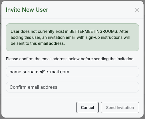 Invite New User dialog with only the first email field pre-filled and Send Invitation disabled