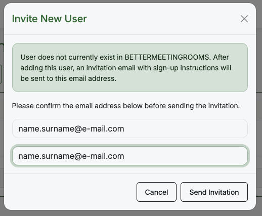 Invite New User dialog with both email fields matching and Send Invitation enabled