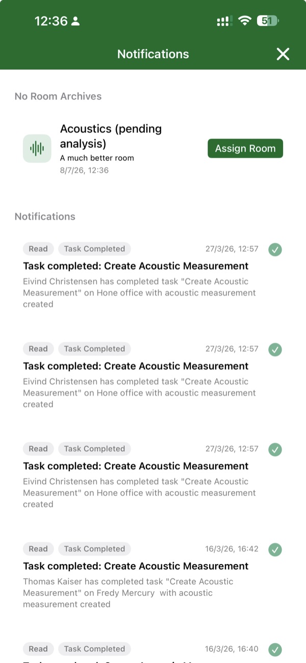 Notifications tab showing pending offline acoustic measurements with an Assign Room action