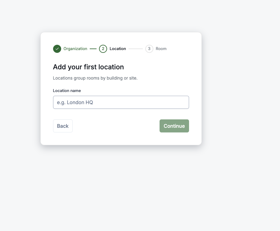 Step 2 of the onboarding wizard — Add your first location