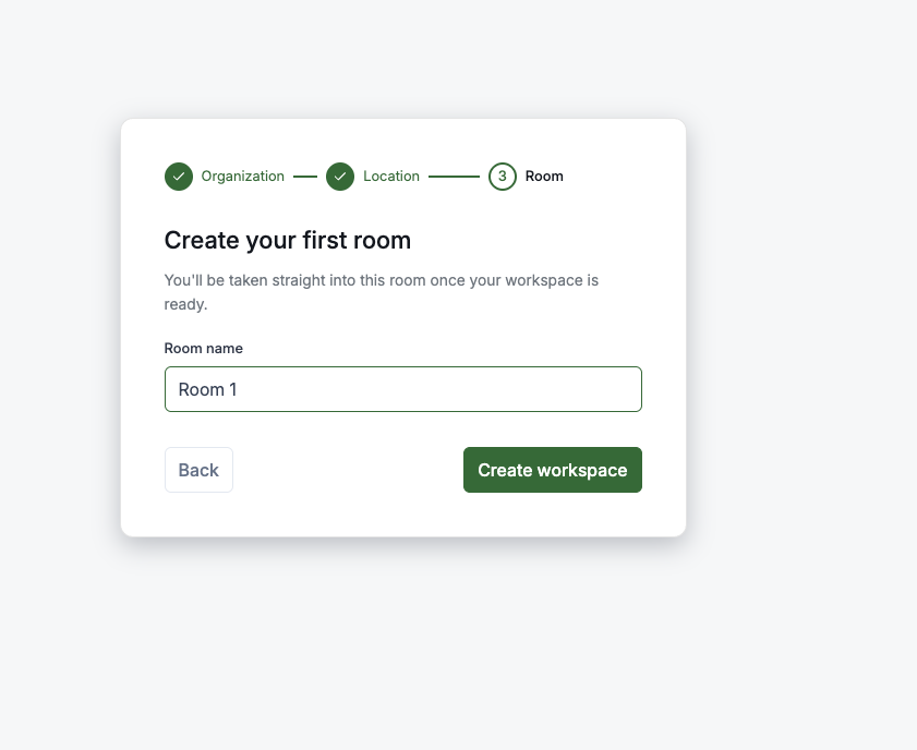 Step 3 of the onboarding wizard — Create your first room and create the workspace