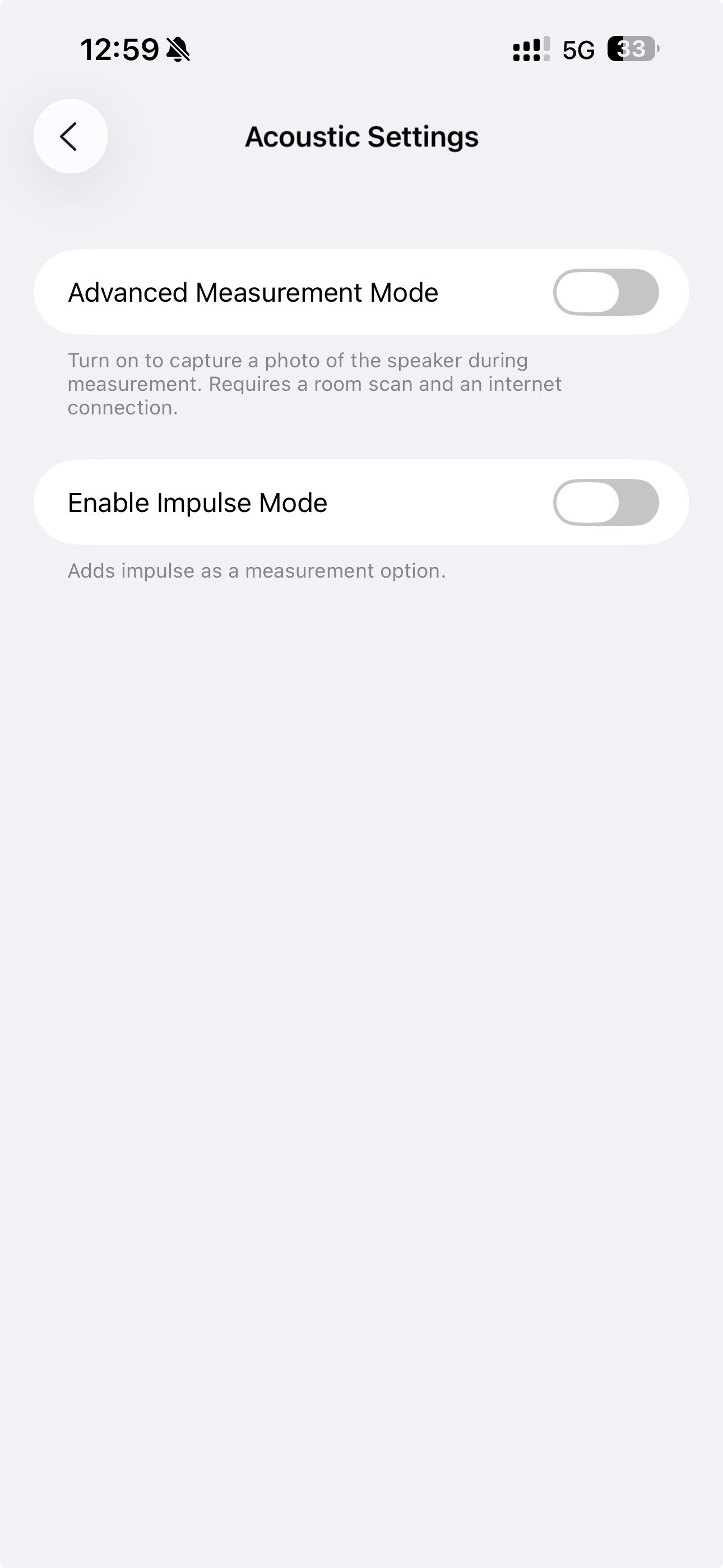 Acoustic Settings screen in BMR Mobile with the Advanced Measurement Mode toggle, which captures a photo of the speaker during measurement and requires a room scan and internet connection