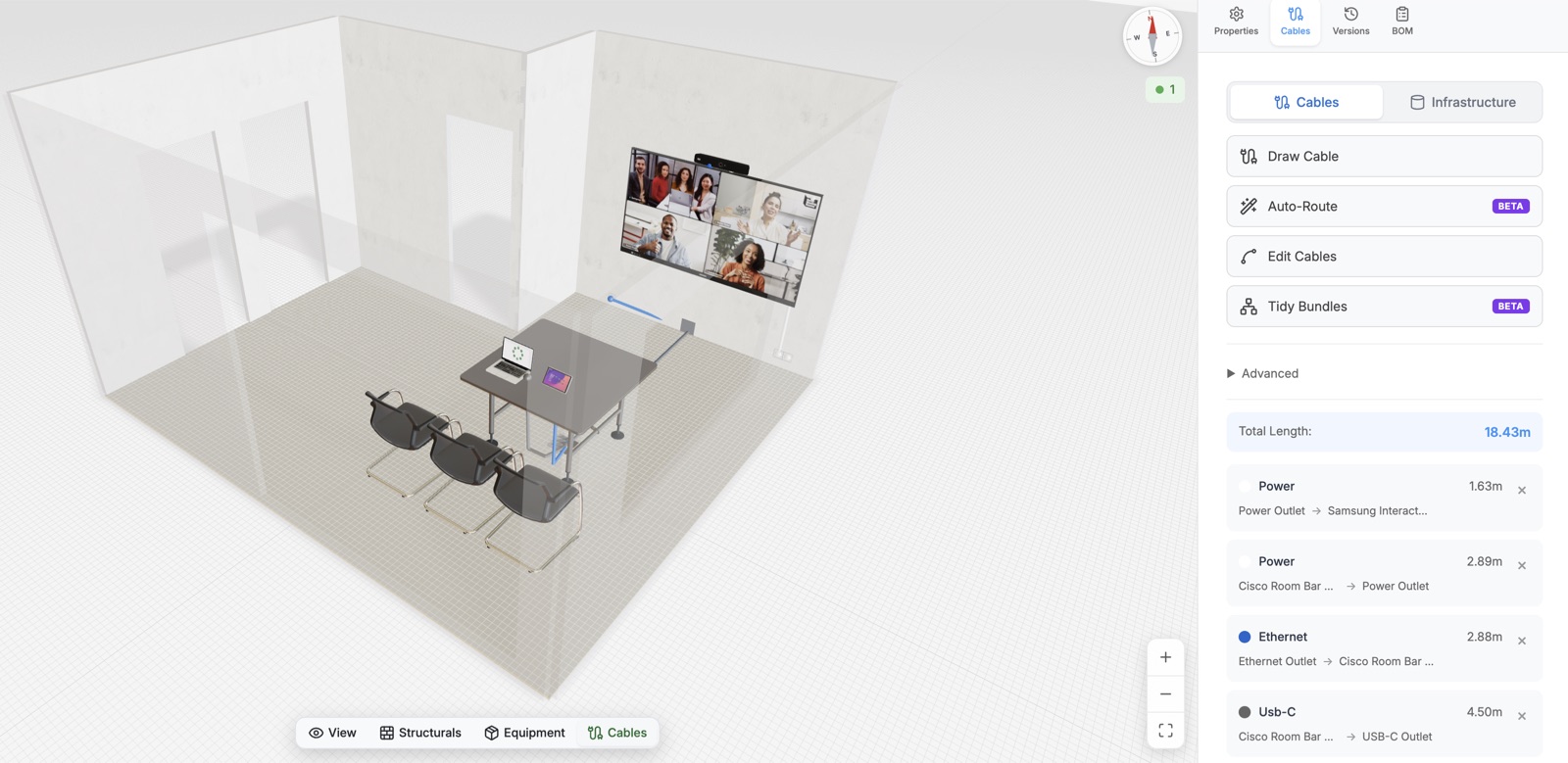 BMR Studio Cables mode with floorboxes, ceiling boxes, and conduits placed and auto-numbered labels applied