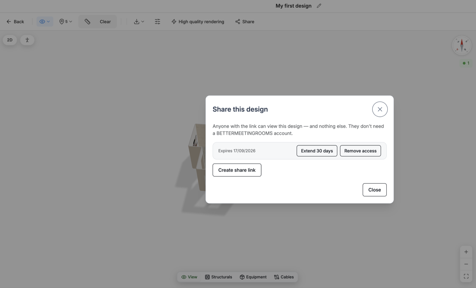 A design opened in BMR Studio View mode via a read-only share link, with the 3D design and inventory list visible but not editable