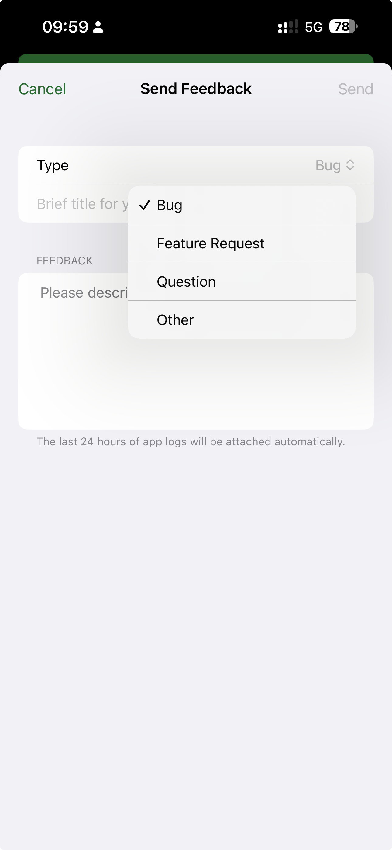 Send Feedback form in BMR Mobile showing the Type picker open with Bug, Feature Request, Question, and Other
