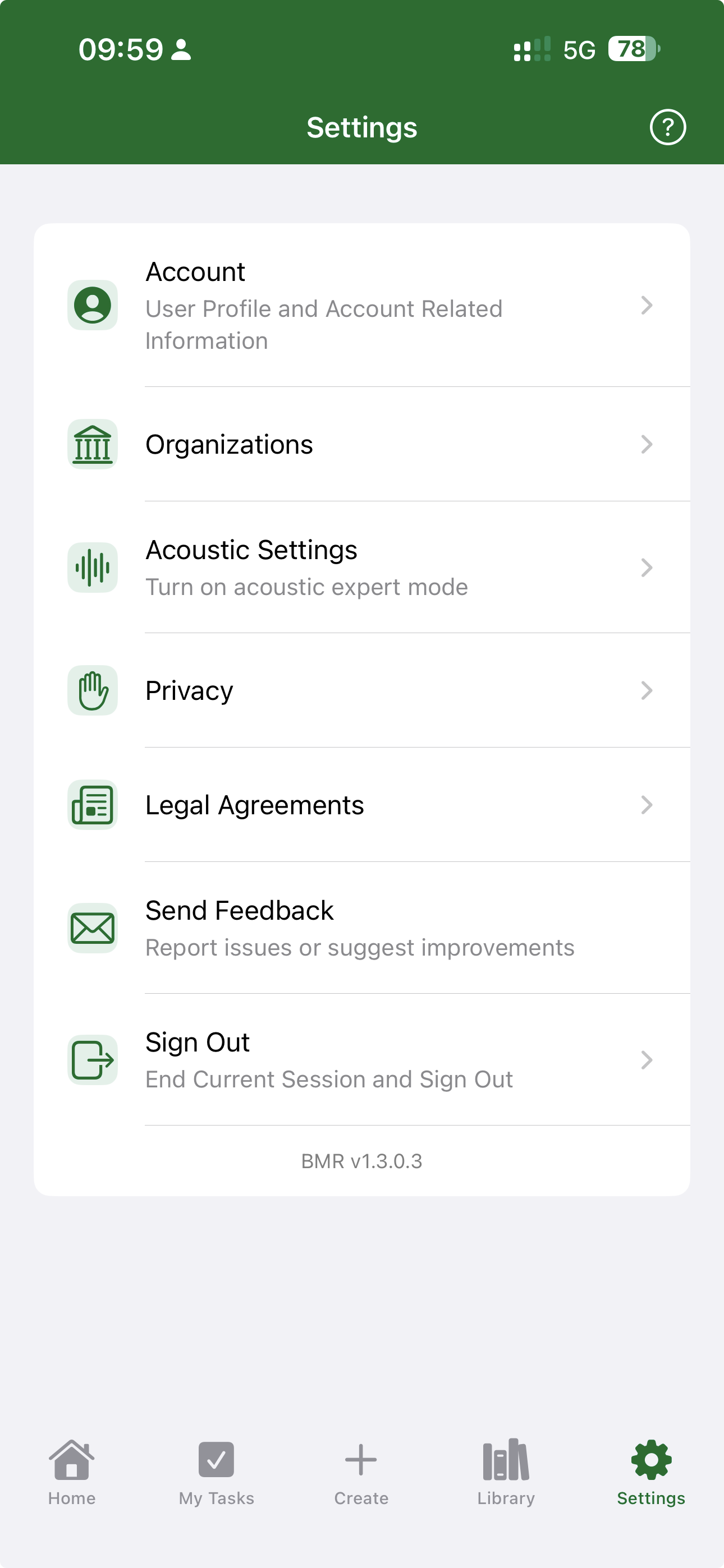 BMR Mobile Settings tab with the Send Feedback row highlighted