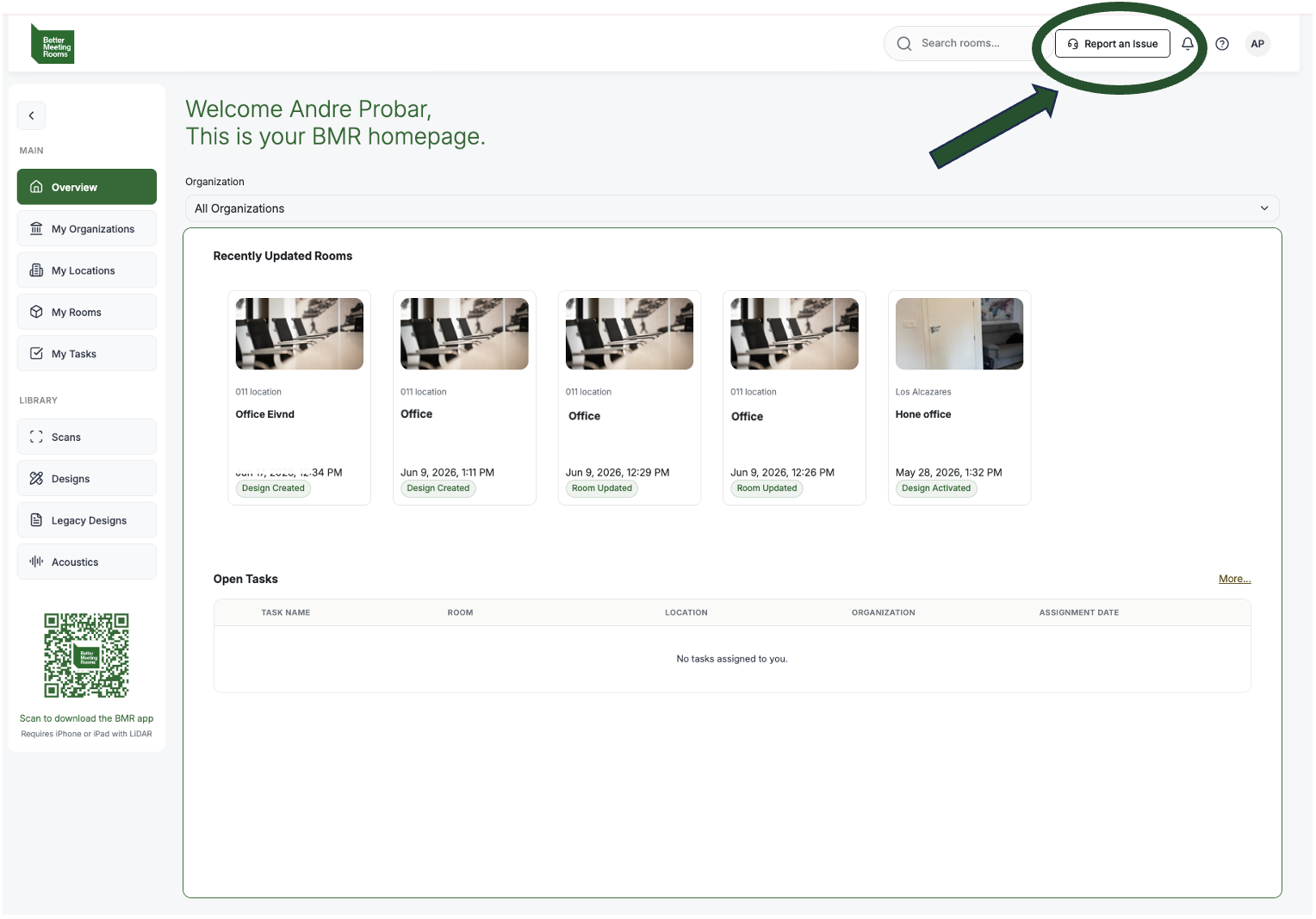 Web platform showing the Report an Issue button in the header bar, circled and pointed at with an arrow