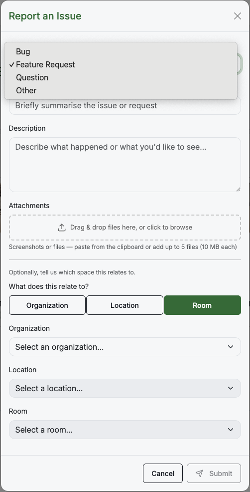 Report an Issue form on the Web showing the same four categories, summary, description, attachments, and Organization/Location/Room scoping