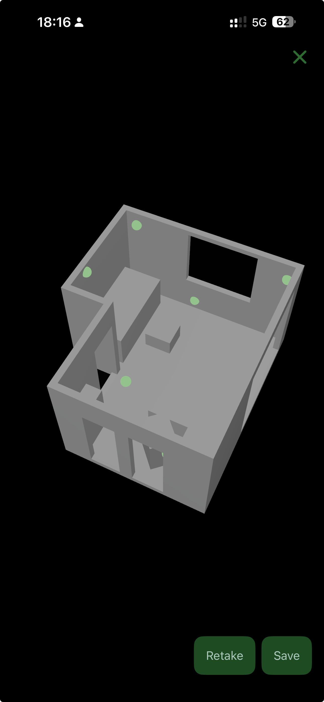 Review scan in BMR Mobile showing markers as green dots on the 3D mesh